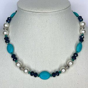 Hand Beaded Artificial Pearl & Turquoise Silvertone Necklace